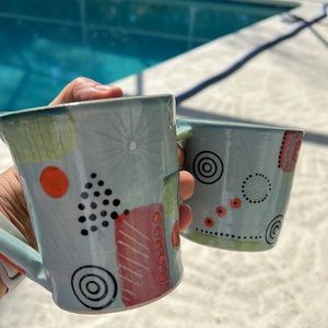 2 Whimsical Handmade Heavy Pottery Coffee Mugs